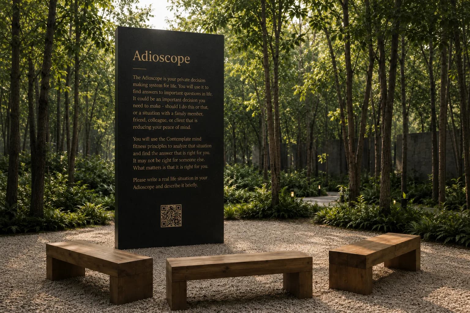 The Adioscope station — a dark granite monolith engraved with instructions and a QR code, with three wooden benches arranged before it in a forest clearing