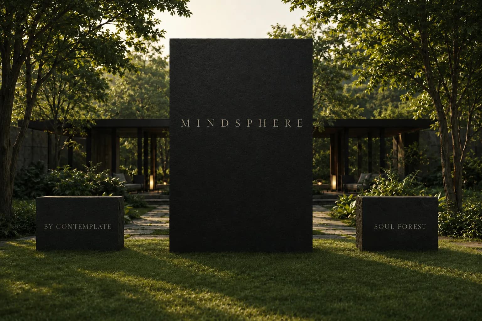 The Mindsphere entrance — a charcoal monolith engraved with MINDSPHERE, standing among trees at dusk