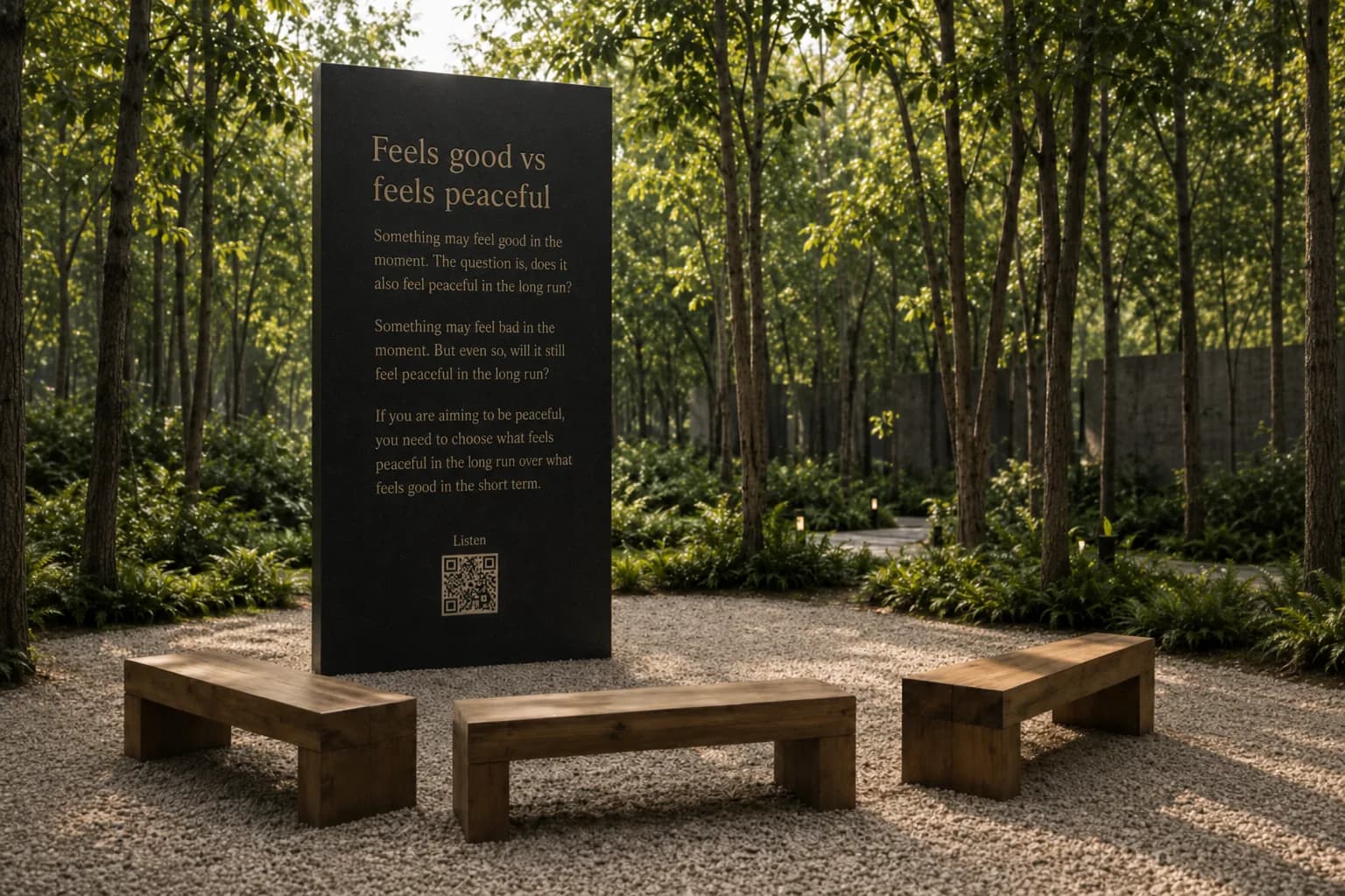 The Feels Good vs Feels Peaceful principle station — a dark granite monolith with three wooden benches in a forest clearing