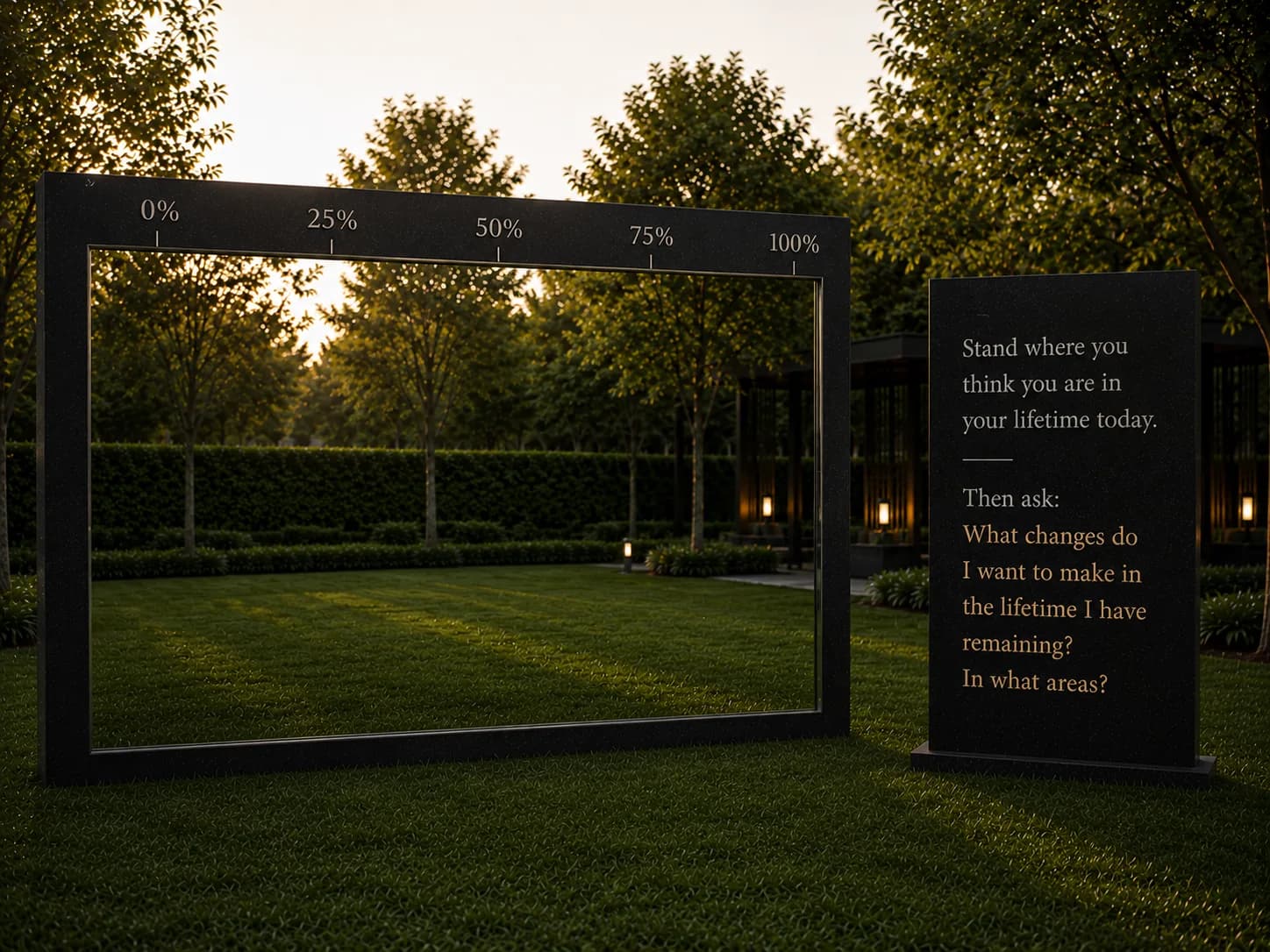 The Lifetime Mirror installation — a large mirror marked 0% to 100%, asking where you stand in your lifetime today