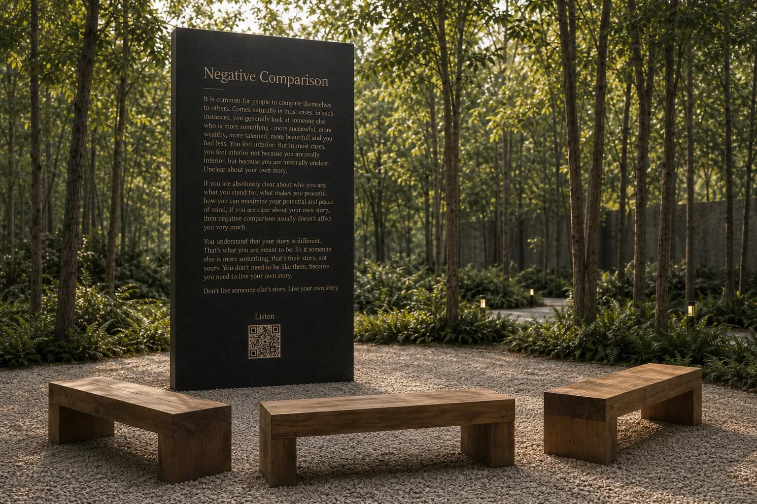 The Negative Comparison principle station — a dark granite monolith with three wooden benches in a forest clearing