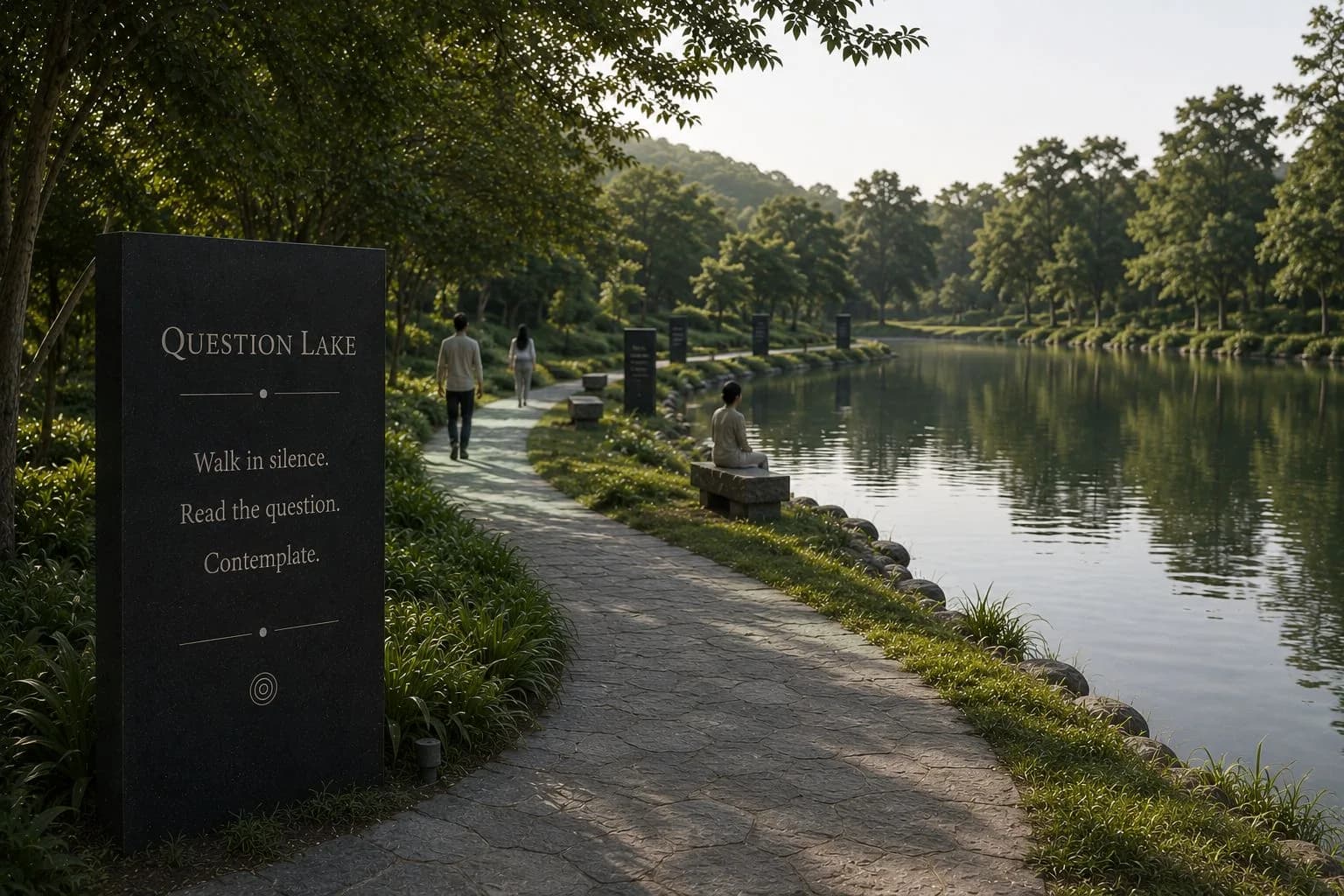 Question Lake — a silent walking trail beside the water with granite Contemplation panels