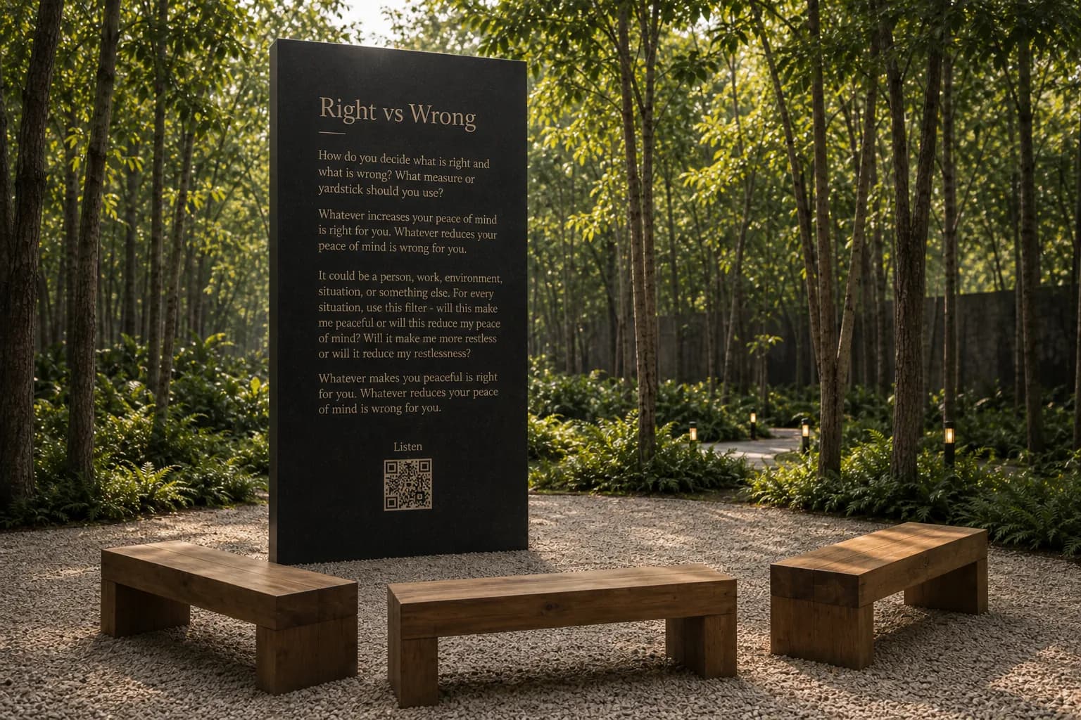 The Right vs Wrong principle station — a dark granite monolith with three wooden benches in a forest clearing