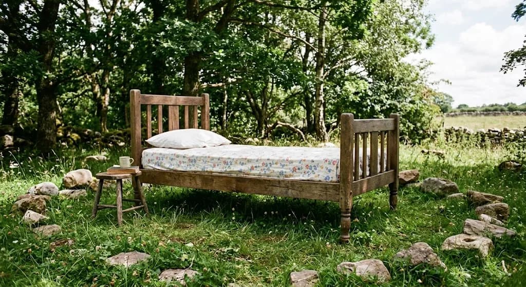 A wooden bed with floral sheets standing in a forest clearing, ringed by stones