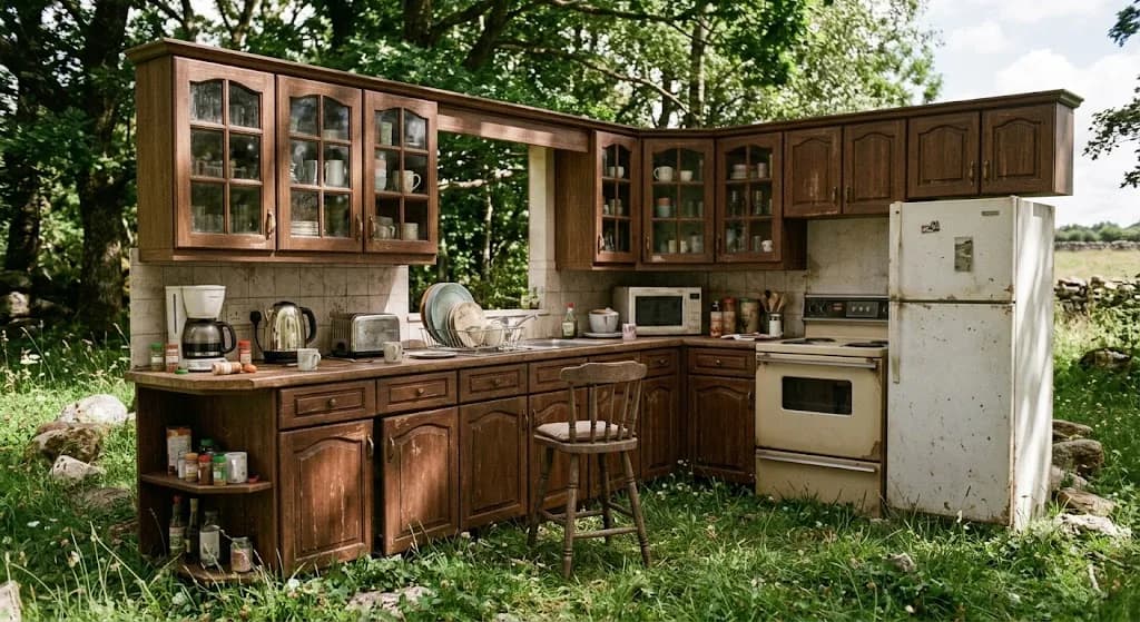A full kitchen with cabinets, stove, and refrigerator recreated outdoors among trees