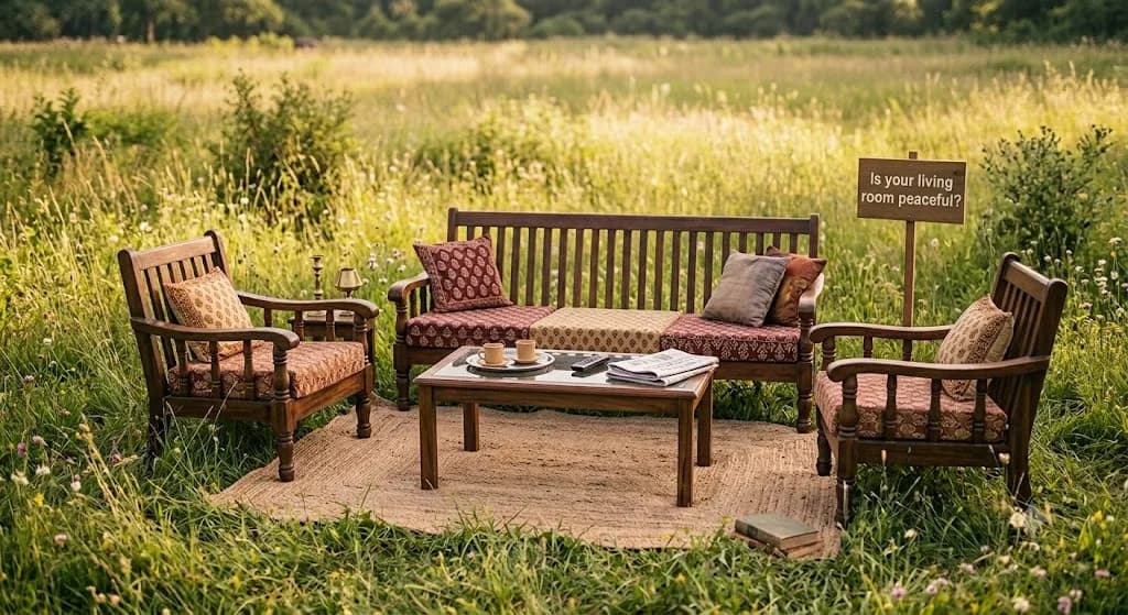 A living room recreated in an open meadow — sofas, a coffee table, and a sign asking: Is your living room peaceful?
