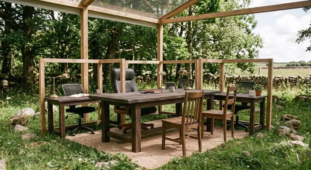 An open-air office workstation — desks, chairs, and lamps under a timber frame in a meadow