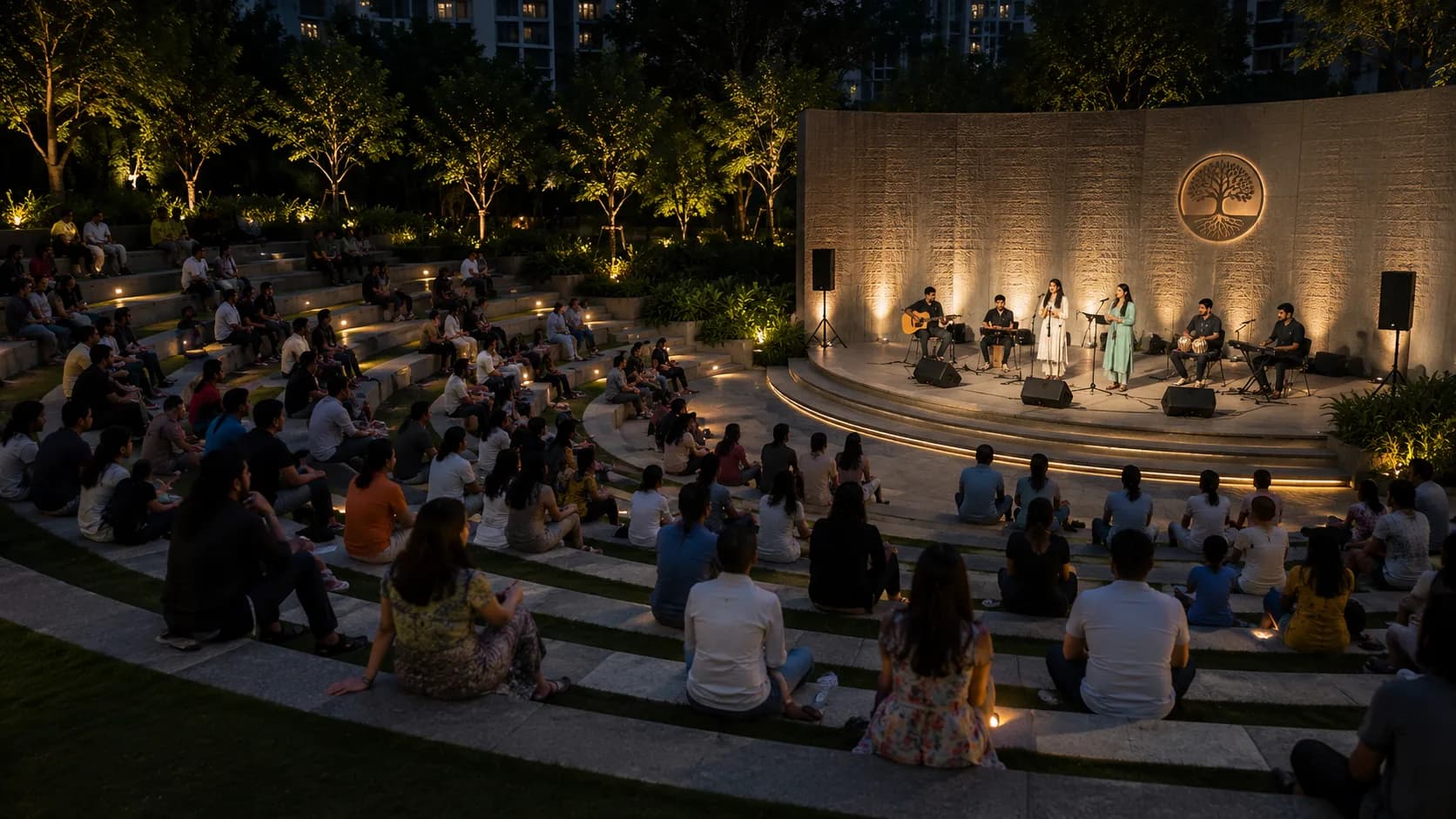 Residents gathered on the lawn and amphitheatre steps of a township at night, watching a live acoustic performance