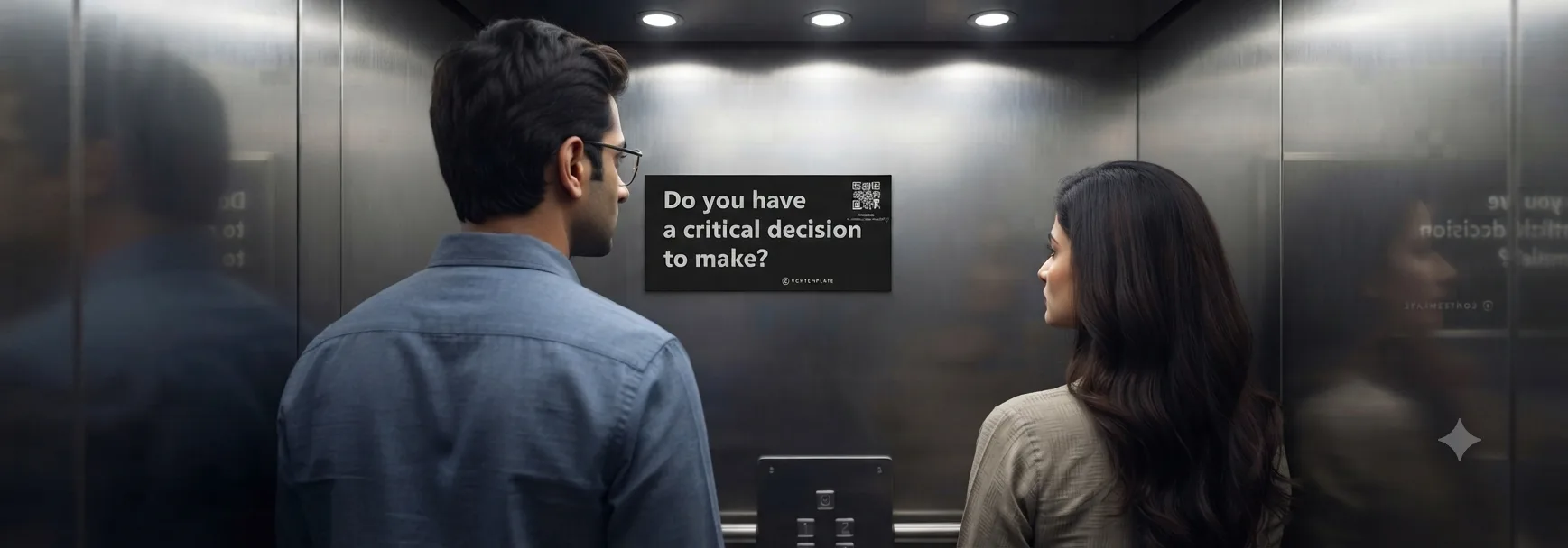 Two residents in a township elevator reading a Contemplate panel that asks: Do you have a critical decision to make?