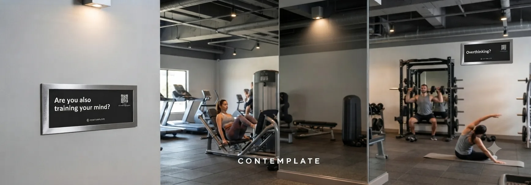A township gym where residents train beside Contemplate panels asking: Are you also training your mind? and Overthinking?