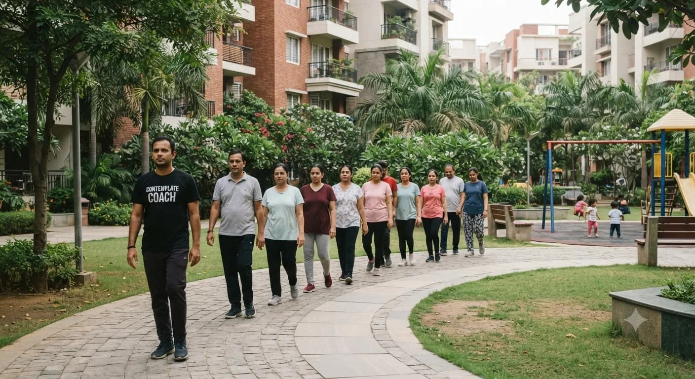 A Contemplate coach leading a group of residents on a MindWalk100 along a garden path inside their township