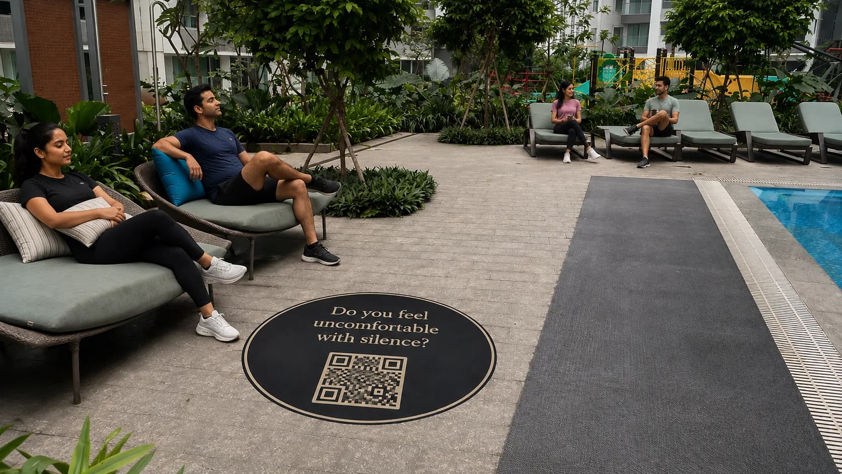 Residents resting on poolside loungers beside a Contemplate question medallion set into the paving that asks: Do you feel uncomfortable with silence?