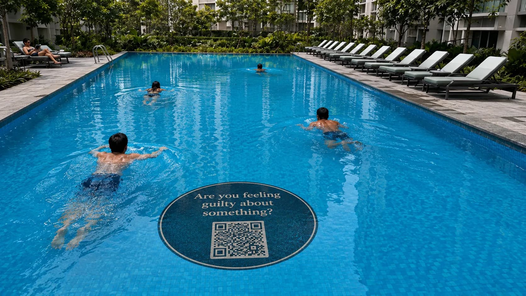 Residents swimming in a landscaped township pool, with a Contemplate question medallion set into the pool floor