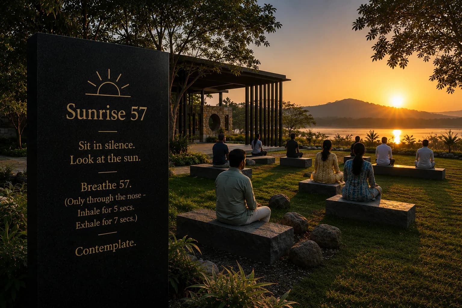 Residents seated on stone blocks facing the sunrise beside a Sunrise 57 monolith engraved with the 57 breathing practice