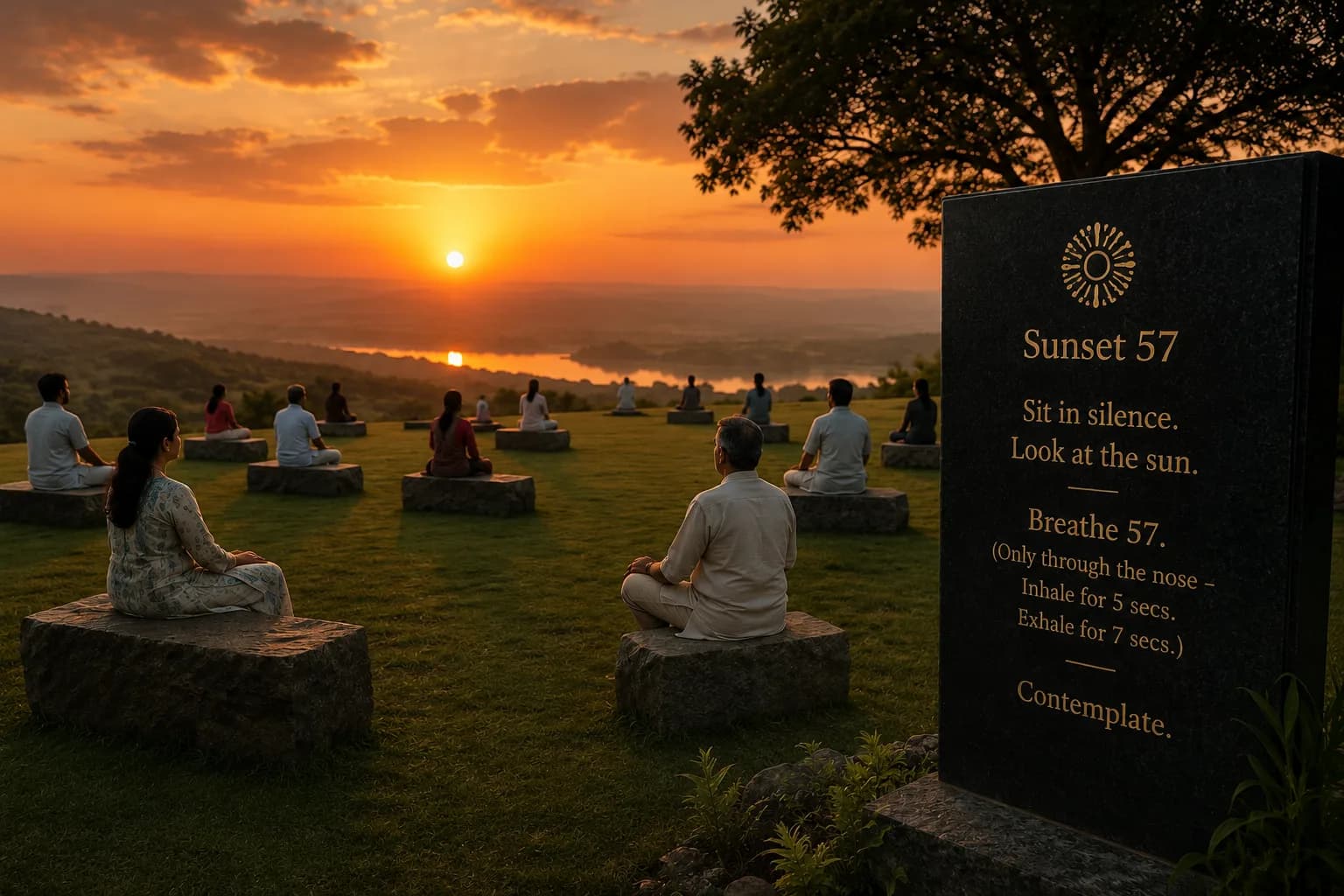 Residents seated on stone blocks watching the sunset across a valley beside a Sunset 57 monolith