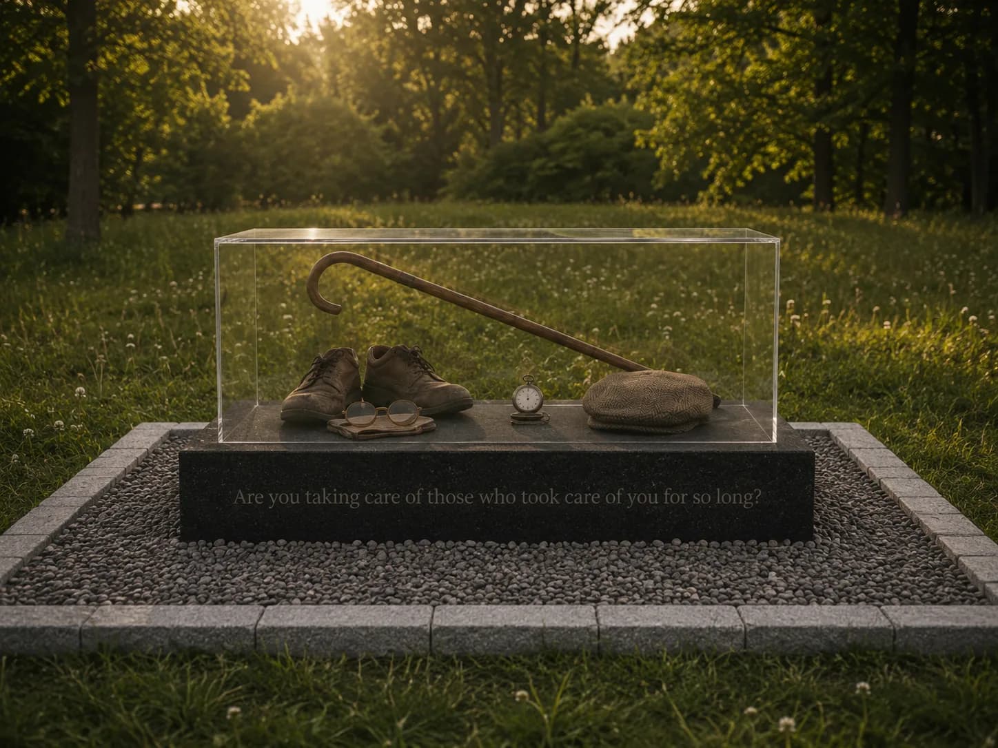 A Contemplation installation — a walking cane, worn shoes, spectacles and a flat cap in a glass case above the question: Are you taking care of those who took care of you for so long?