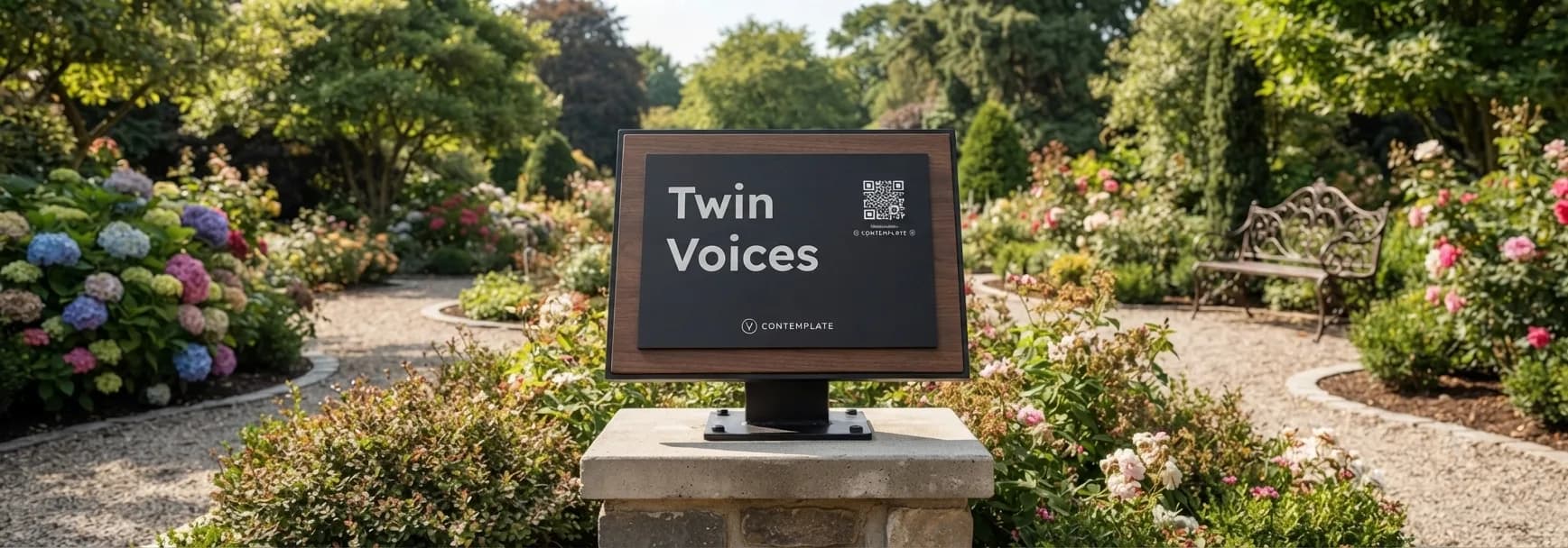 A Twin Voices principles station mounted on a stone plinth in a flowering township garden