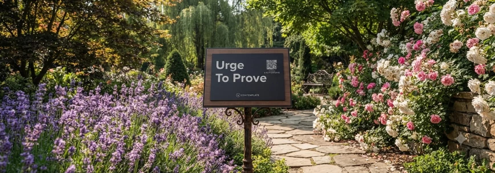 An Urge To Prove principles station on a garden path between lavender and roses