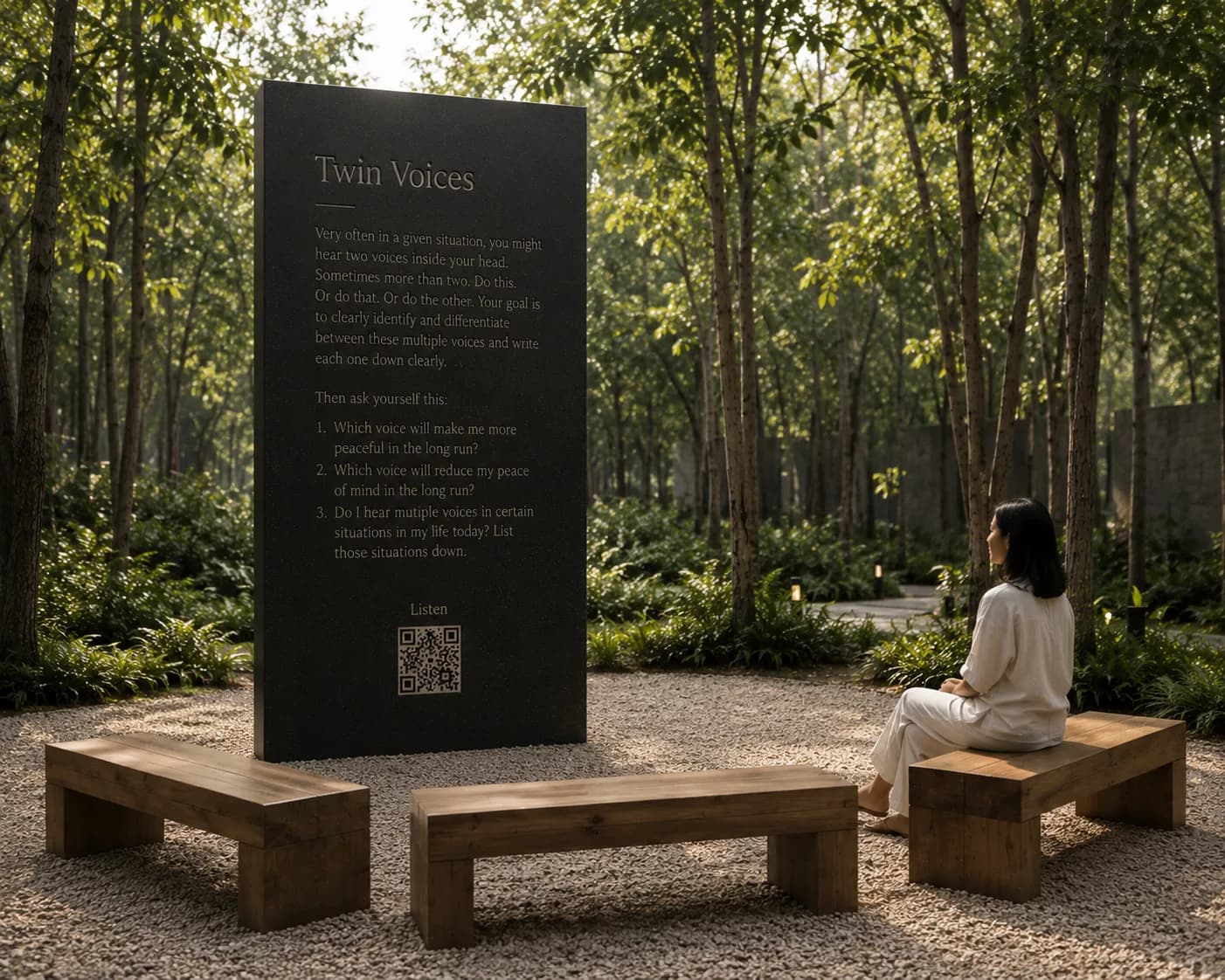 The Twin Voices principle station — an engraved monolith among trees with wooden contemplation benches