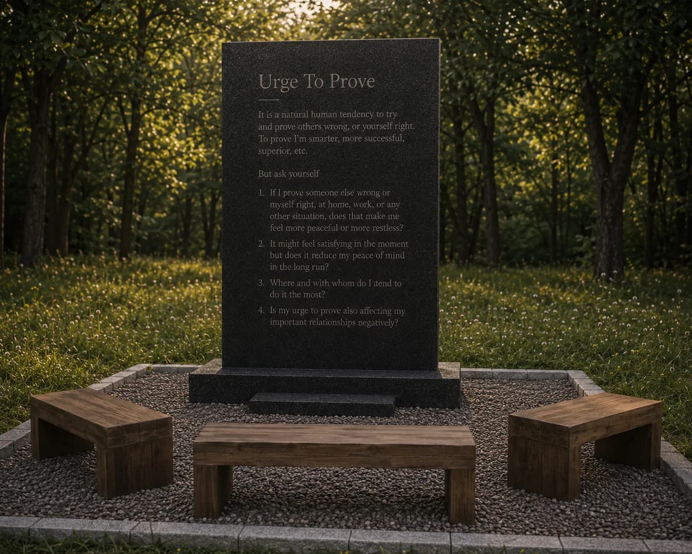 The Urge to Prove principle station — a dark engraved monolith in a clearing