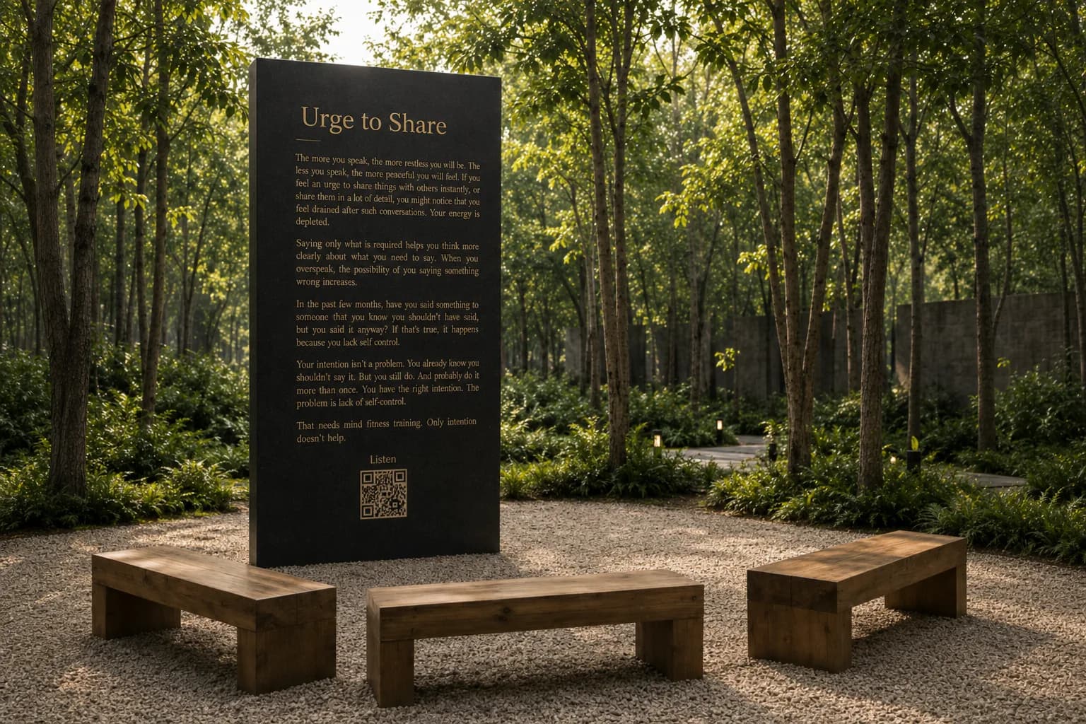 The Urge to Share principle station — a dark granite monolith with three wooden benches in a forest clearing