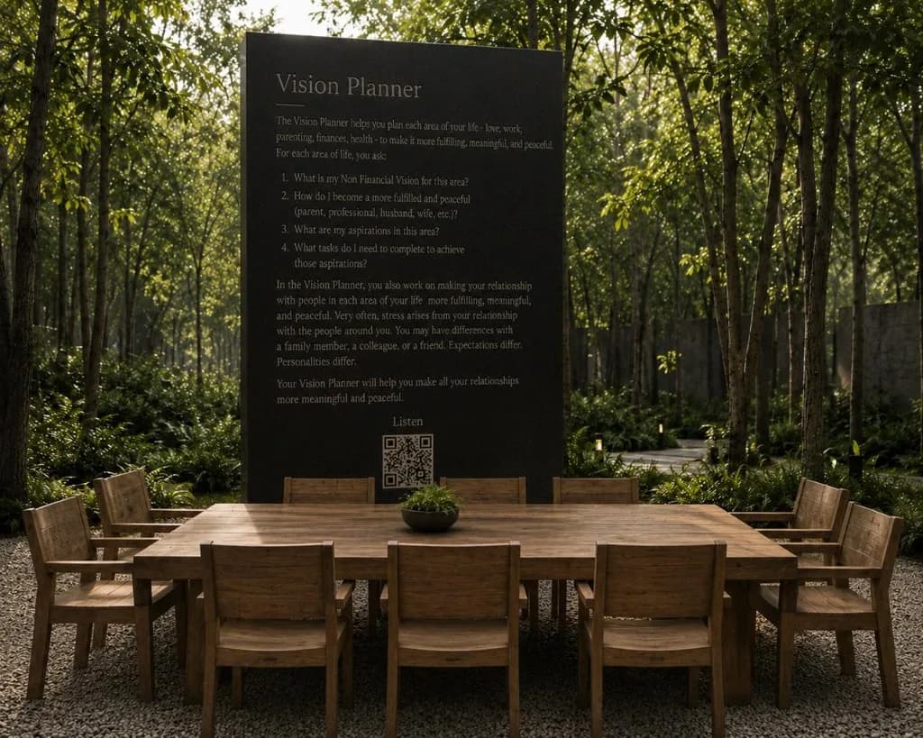 The Vision Planner station — a long wooden table with chairs facing a granite monolith engraved with Vision Planner guidance in a forest clearing