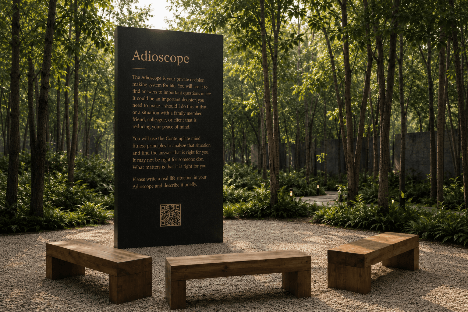 The Adioscope station — a dark granite monolith engraved with instructions and a QR code, with three wooden benches arranged before it in a forest clearing