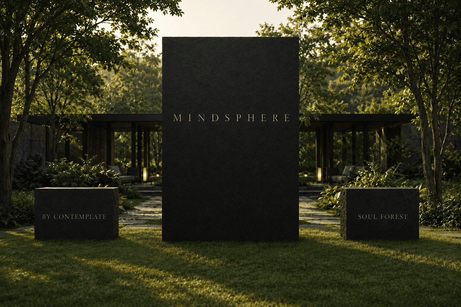 The Mindsphere entrance — a charcoal monolith engraved with MINDSPHERE, standing among trees at dusk
