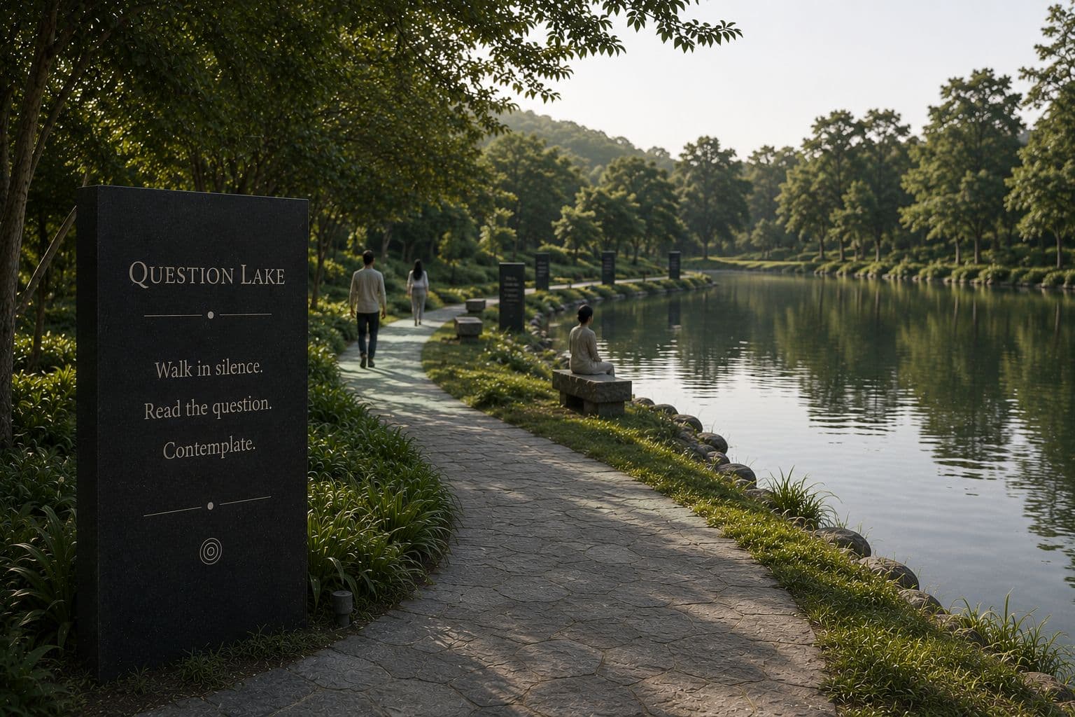 Question Lake — a silent walking trail beside the water with granite Contemplation panels