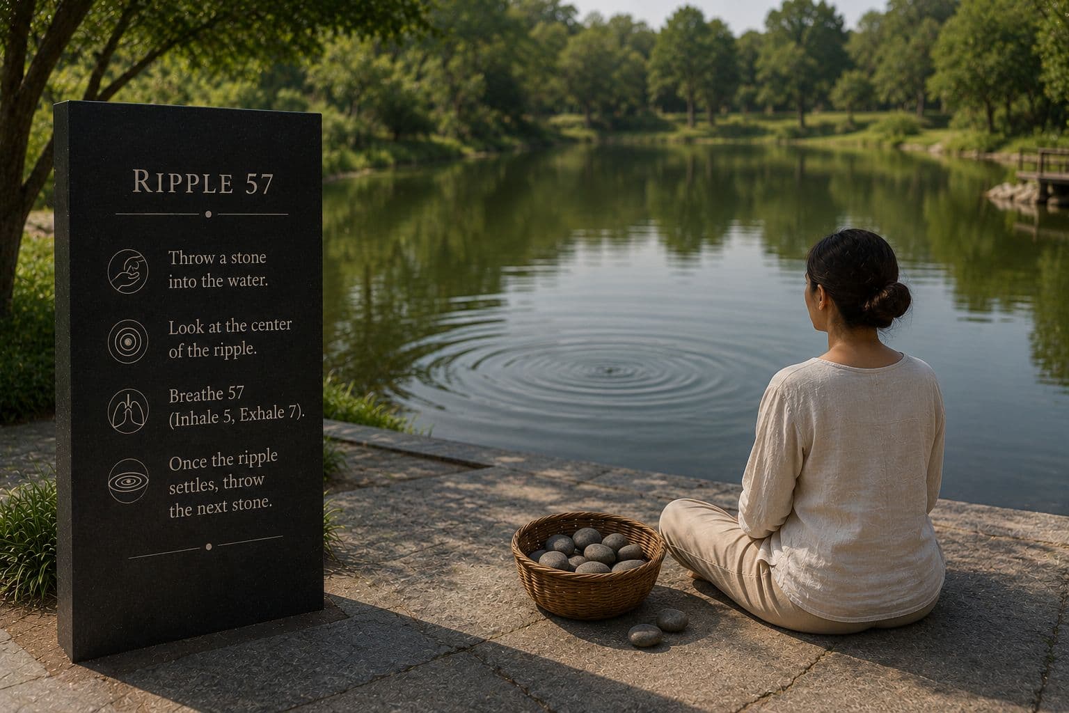 Ripple 57 — a lakeside Contemplation with stones, breath practice, and a granite panel