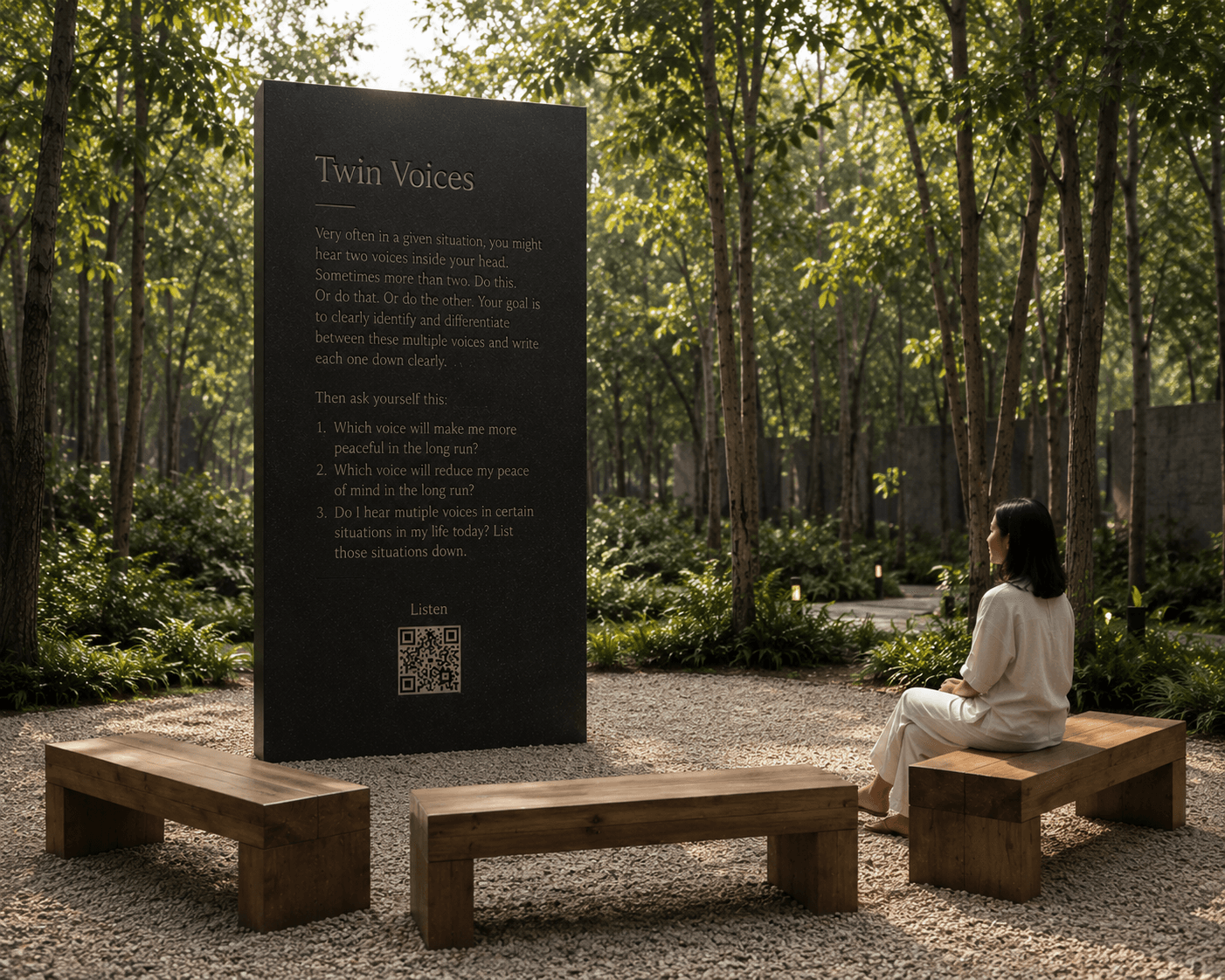 The Twin Voices principle station — an engraved monolith among trees with wooden contemplation benches